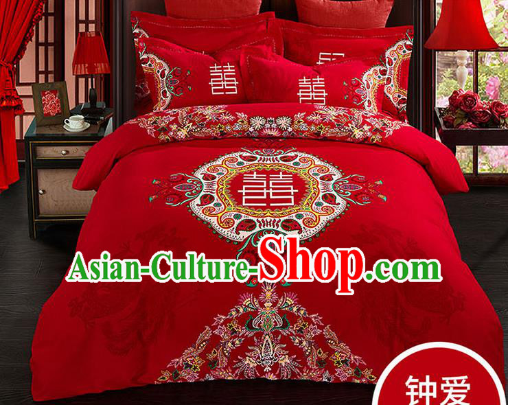 Traditional Chinese Wedding Red Qulit Cover Printing Bedding Sheet Four-piece Duvet Cover Textile Complete Set