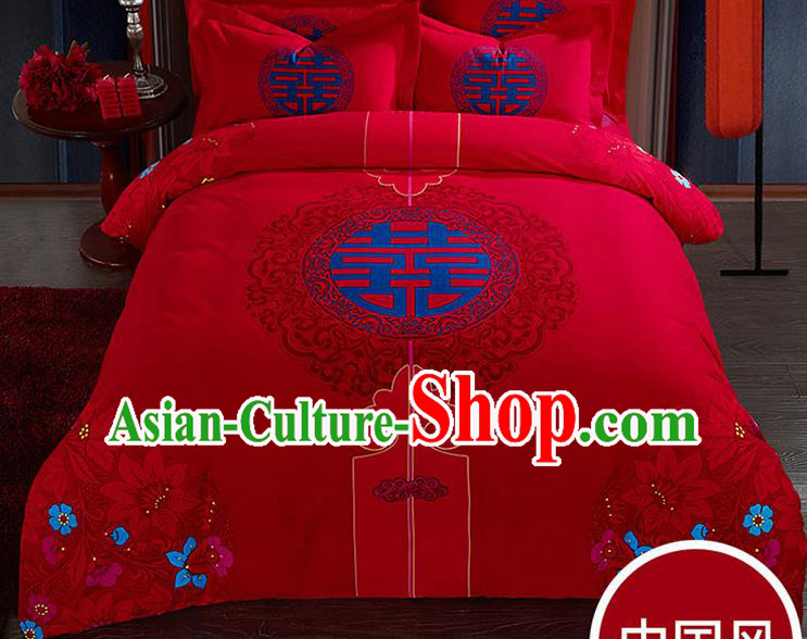 Traditional Chinese Wedding Red Qulit Cover Printing Bedding Sheet Four-piece Duvet Cover Textile Complete Set