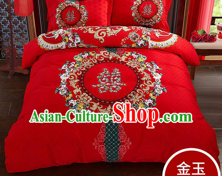 Traditional Chinese Wedding Red Qulit Cover Printing Flowers Bedding Sheet Four-piece Duvet Cover Textile Complete Set