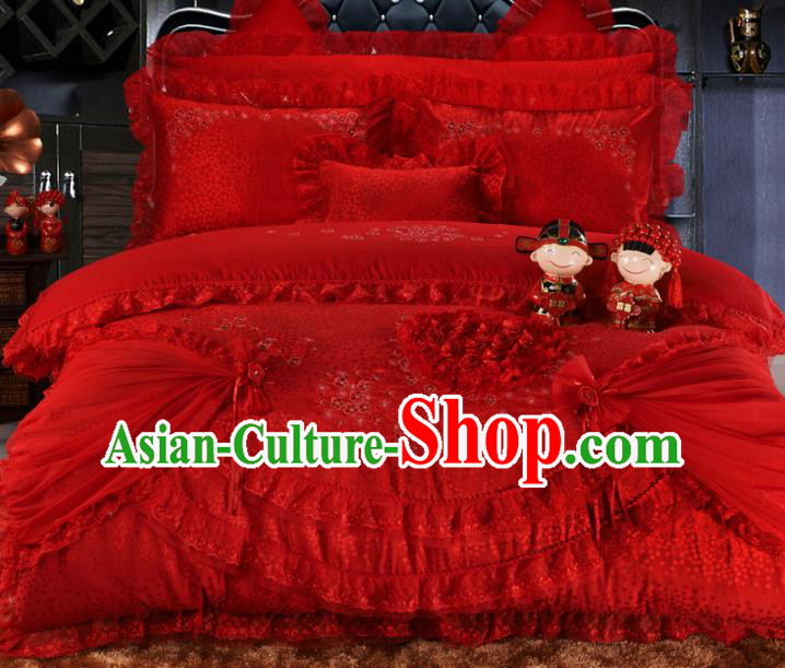 Traditional Chinese Wedding Red Lace Satin Qulit Cover Bedding Sheet Four-piece Duvet Cover Textile Complete Set