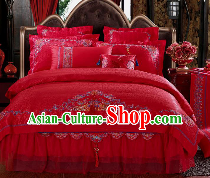 Traditional Chinese Wedding Red Satin Qulit Cover Bedding Sheet Embroidered Four-piece Duvet Cover Textile Complete Set