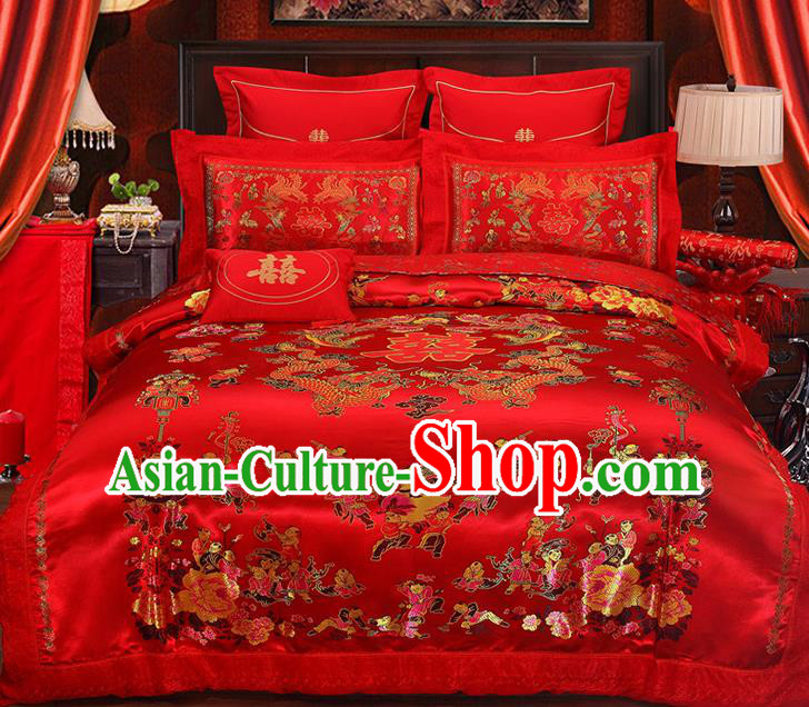 Traditional Chinese Wedding Red Satin Qulit Cover Embroidered Dragons Hundred Children Bedding Sheet Four-piece Duvet Cover Textile Complete Set