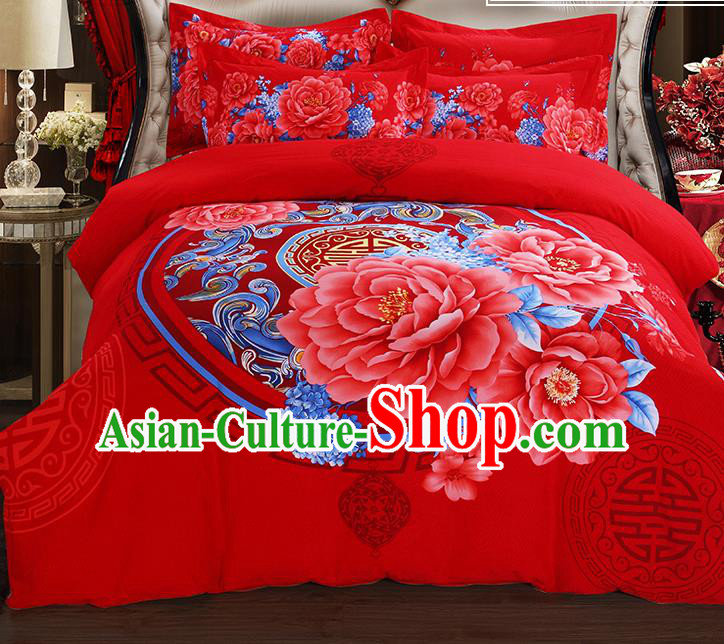 Traditional Chinese Wedding Red Printing Peony Qulit Cover Bedding Sheet Four-piece Duvet Cover Textile Complete Set