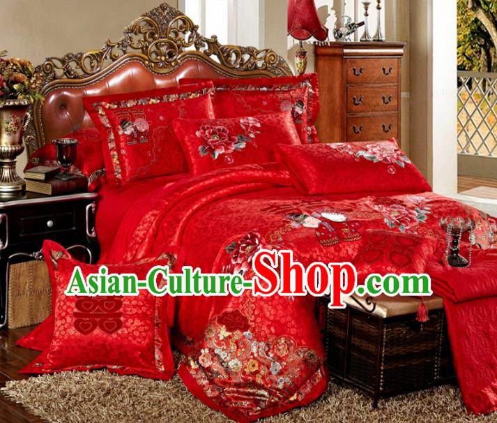 Traditional Chinese Wedding Red Satin Qulit Cover Bedding Sheet Embroidered Peony Ten-piece Duvet Cover Textile Complete Set