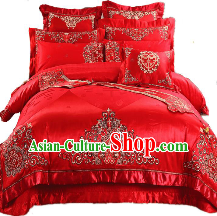 Traditional Chinese Wedding Red Satin Qulit Cover Bedding Sheet Embroidered Twelve-piece Duvet Cover Textile Complete Set