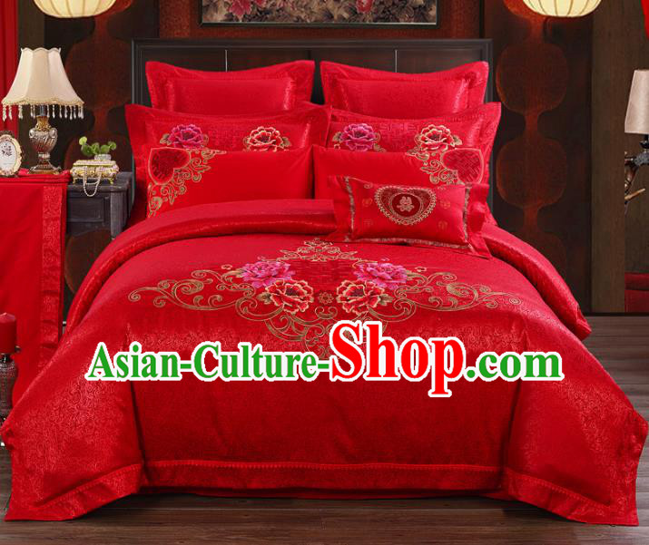 Traditional Chinese Wedding Red Satin Qulit Cover Bedding Sheet Embroidered Peony Ten-piece Duvet Cover Textile Complete Set