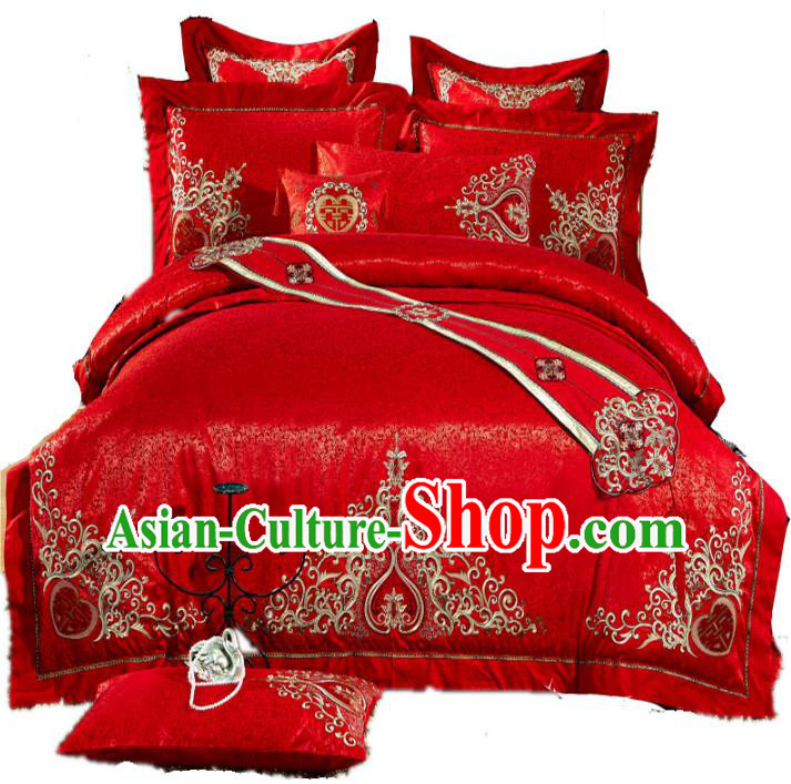 Traditional Chinese Wedding Red Satin Qulit Cover Bedding Sheet Embroidered Ten-piece Duvet Cover Textile Complete Set