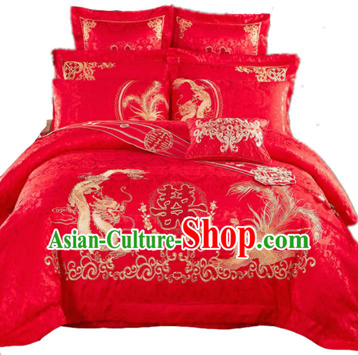 Traditional Chinese Wedding Red Satin Qulit Cover Bedding Sheet Embroidered Dragon Phoenix Eleven-piece Duvet Cover Textile Complete Set