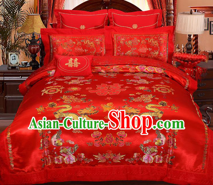 Traditional Chinese Wedding Red Satin Qulit Cover Embroidered Dragons Bedding Sheet Four-piece Duvet Cover Textile Complete Set