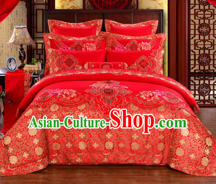 Traditional Chinese Wedding Red Satin Qulit Cover Bedding Sheet Embroidered Ten-piece Duvet Cover Textile Complete Set