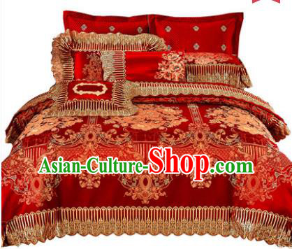 Traditional Asian Chinese Wedding Palace Lace Qulit Cover Bedding Sheet, Embroidered Satin Drill Ten-piece Duvet Cover Textile Bedding Suit