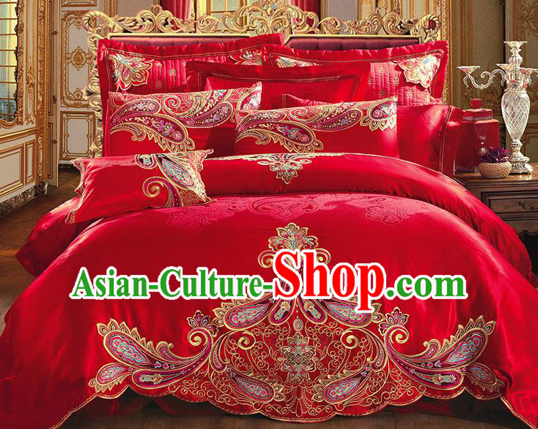 Traditional Asian Chinese Wedding Palace Qulit Cover Bedding Sheet Embroidered Ten-piece Duvet Cover Textile Bedding Suit