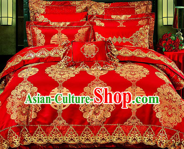 Traditional Asian Chinese Wedding Palace Qulit Cover Bedding Sheet Embroidered Ten-piece Duvet Cover Textile Bedding Suit