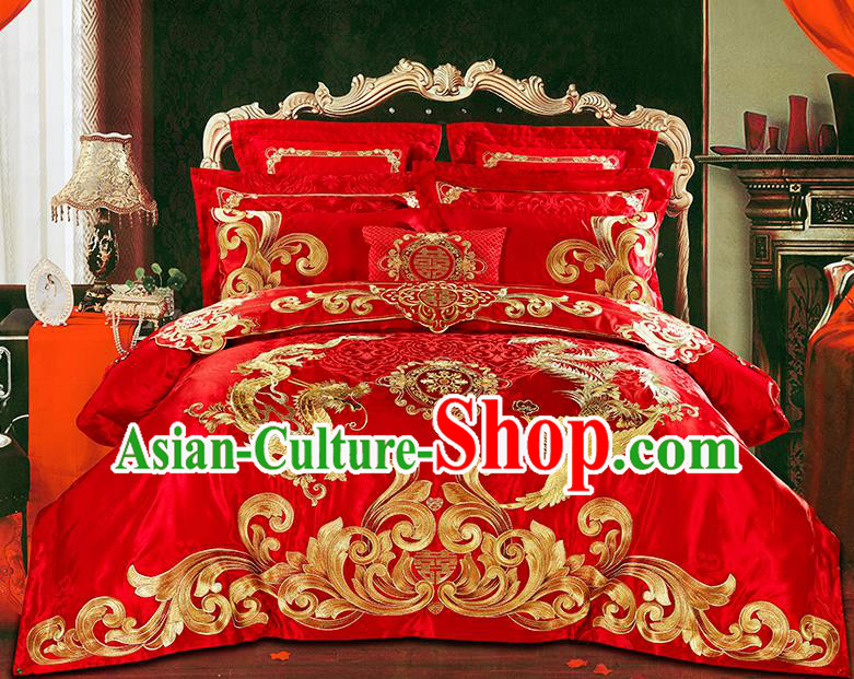 Traditional Asian Chinese Wedding Palace Qulit Cover Bedding Sheet Embroidered Eleven-piece Duvet Cover Textile Complete Set