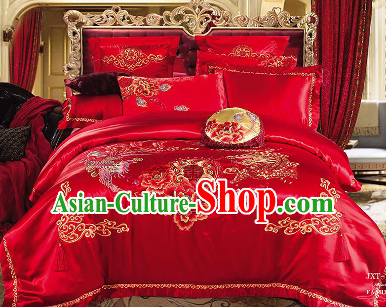 Traditional Asian Chinese Wedding Palace Qulit Cover Bedding Sheet Embroidered Peony Phoenix Ten-piece Duvet Cover Textile Complete Set