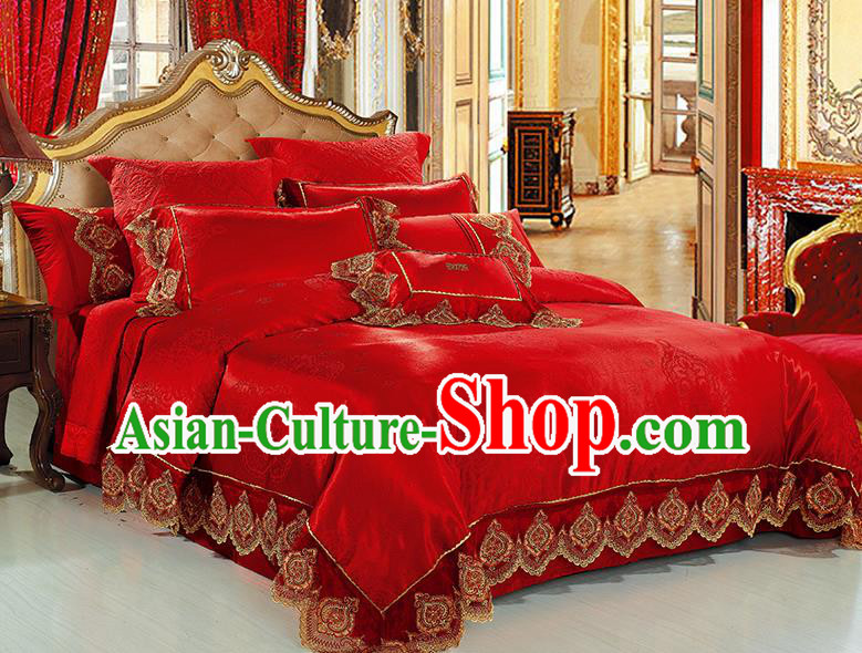 Traditional Asian Chinese Wedding Palace Qulit Cover Bedding Sheet Embroidered Ten-piece Duvet Cover Textile Complete Set