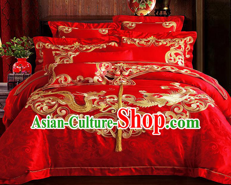 Traditional Asian Chinese Wedding Palace Qulit Cover Bedding Sheet Embroidered Dragon Phoenix Satin Ten-piece Duvet Cover Textile Complete Set