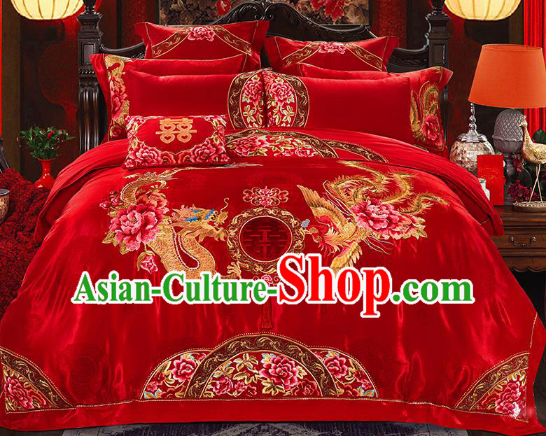 Traditional Asian Chinese Wedding Palace Qulit Cover Bedding Sheet Embroidered Dragon Phoenix Red Satin Ten-piece Duvet Cover Textile Complete Set