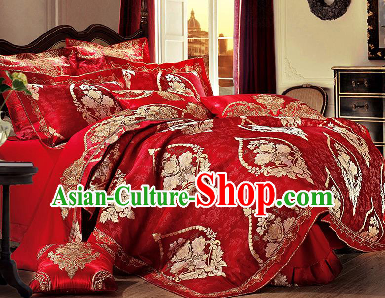 Traditional Asian Chinese Wedding Palace Qulit Cover Bedding Sheet Red Satin Ten-piece Duvet Cover Textile Complete Set