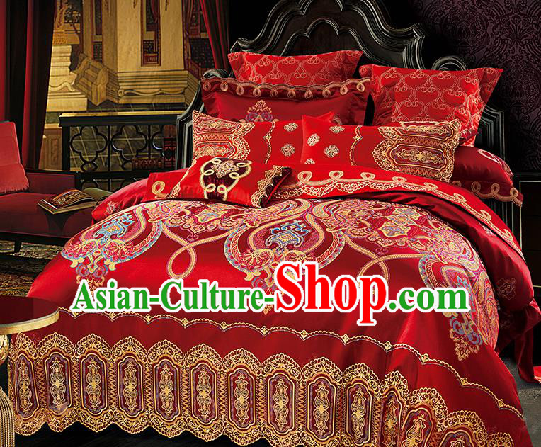 Traditional Asian Chinese Wedding Palace Lace Qulit Cover Bedding Sheet Embroidered Red Satin Ten-piece Duvet Cover Textile Complete Set