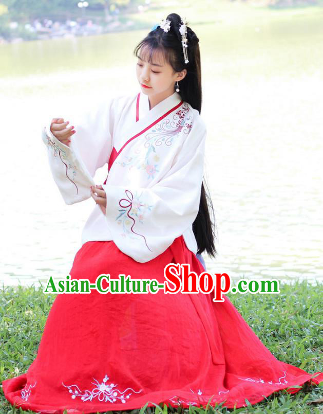 Traditional Chinese Ancient Ming Dynasty Young Lady Hanfu Costume Embroidered White Blouse and Red Skirt for Women