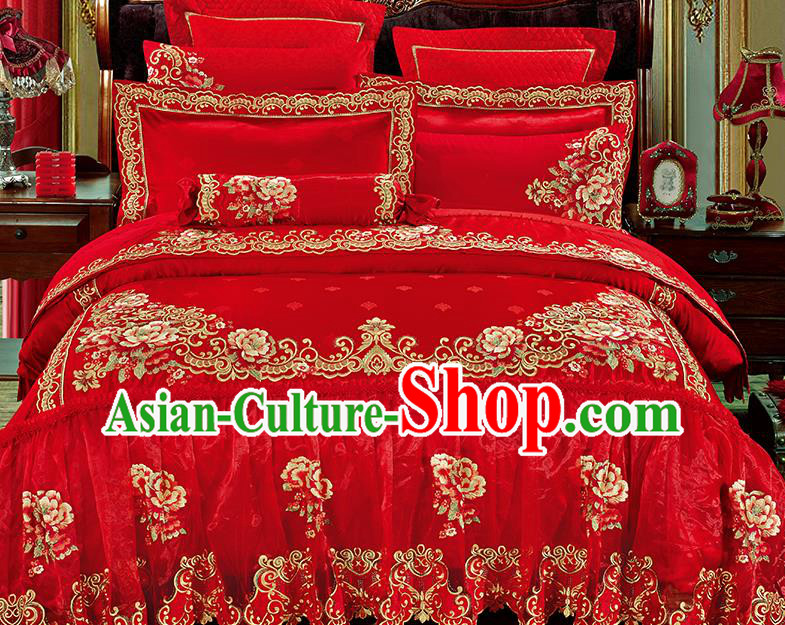 Traditional Asian Chinese Wedding Palace Qulit Cover Bedding Sheet Embroidered Flowers Red Satin Ten-piece Duvet Cover Textile Complete Set