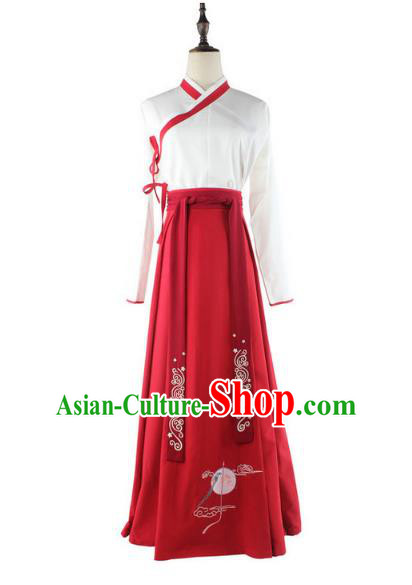 Traditional Chinese Ancient Han Dynasty Young Lady Hanfu Costume Embroidered White Blouse and Red Skirt for Women