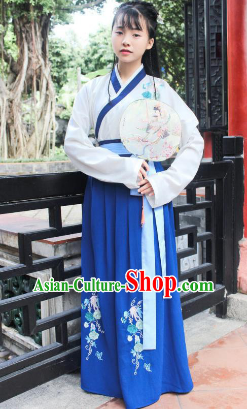 Traditional Chinese Ancient Han Dynasty Young Lady Hanfu Costume Embroidered White Blouse and Blue Skirt for Women