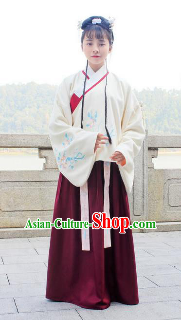 Traditional Chinese Ancient Ming Dynasty Princess Hanfu Costume Embroidered White Blouse and Wine Red Skirt for Women