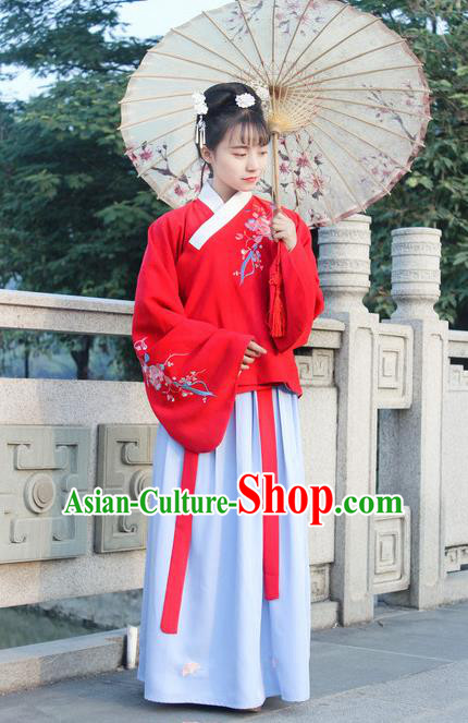 Traditional Chinese Ancient Ming Dynasty Princess Hanfu Costume Embroidered Red Blouse and Blue Skirt for Women