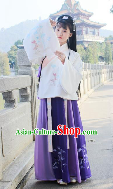 Traditional Chinese Ancient Ming Dynasty Princess Hanfu Costume Embroidered White Blouse and Purple Skirt for Women