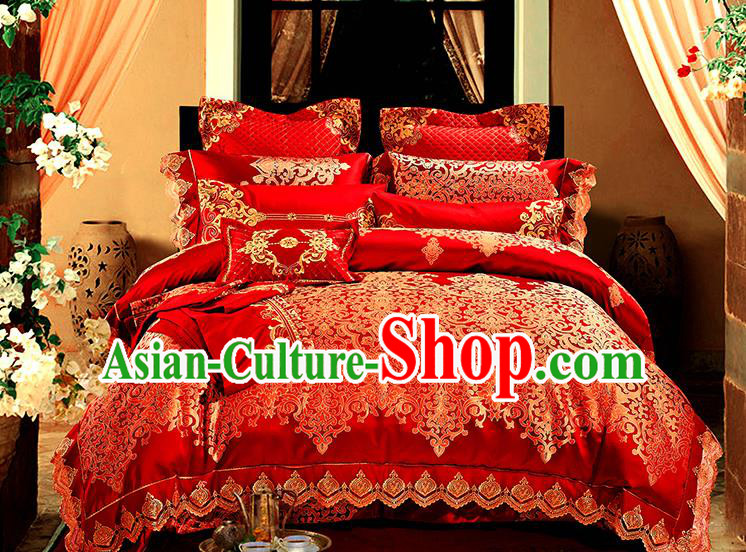 Traditional Asian Chinese Wedding Red Satin Palace Qulit Cover Bedding Sheet Ten-piece Duvet Cover Textile Complete Set