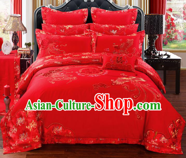 Traditional Chinese Wedding Red Embroidered Dragon Phoenix Ten-piece Bedclothes Duvet Cover Textile Qulit Cover Bedding Sheet Complete Set