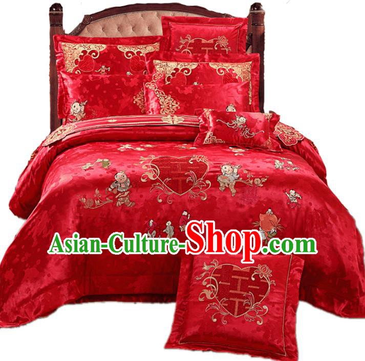 Traditional Chinese Wedding Red Embroidered Hundred Children Ten-piece Bedclothes Duvet Cover Textile Qulit Cover Bedding Sheet Complete Set