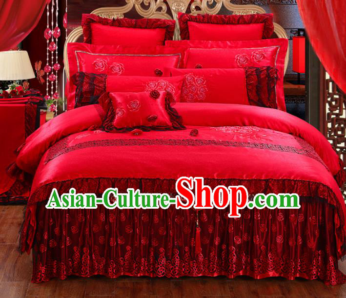 Traditional Chinese Wedding Red Embroidered Rose Ten-piece Bedclothes Duvet Cover Textile Qulit Cover Bedding Sheet Complete Set