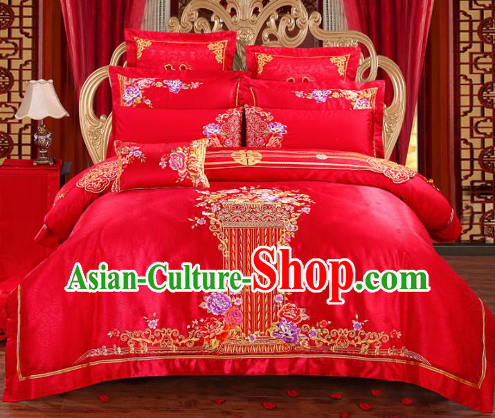 Traditional Chinese Wedding Red Embroidered Peony Ten-piece Bedclothes Duvet Cover Textile Qulit Cover Bedding Sheet Complete Set