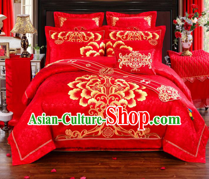 Traditional Chinese Wedding Red Embroidered Ten-piece Bedclothes Duvet Cover Textile Qulit Cover Bedding Sheet Complete Set