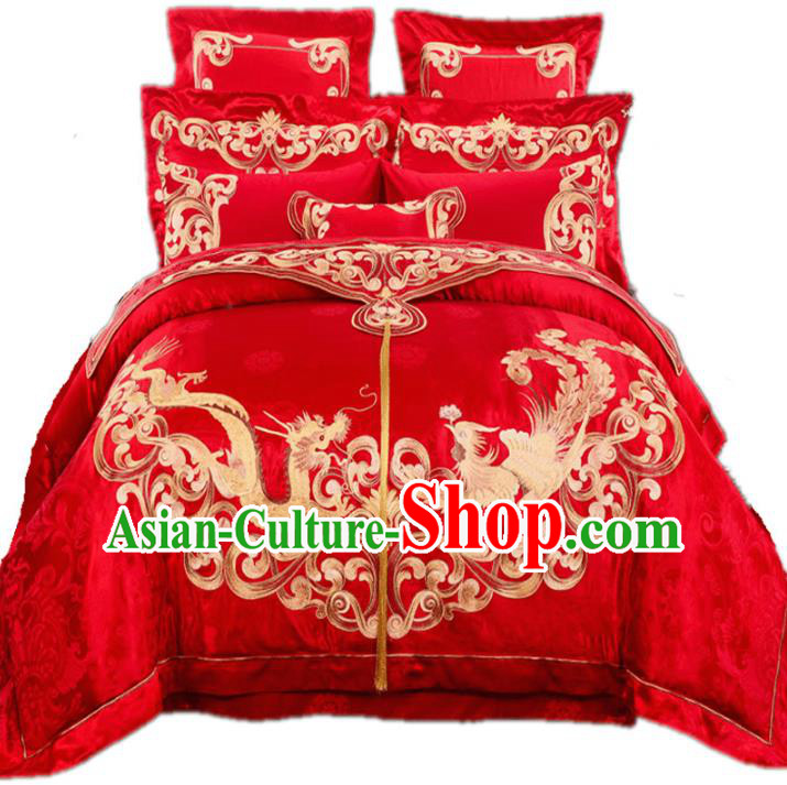 Traditional Chinese Wedding Red Embroidered Dragon Phoenix Ten-piece Bedclothes Duvet Cover Textile Qulit Cover Bedding Sheet Complete Set