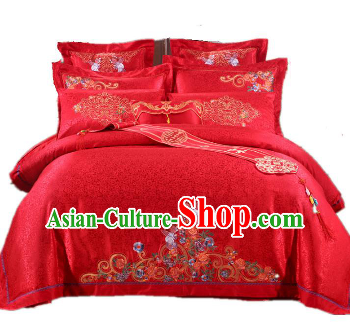 Traditional Chinese Wedding Red Embroidered Ten-piece Bedclothes Duvet Cover Textile Qulit Cover Bedding Sheet Complete Set