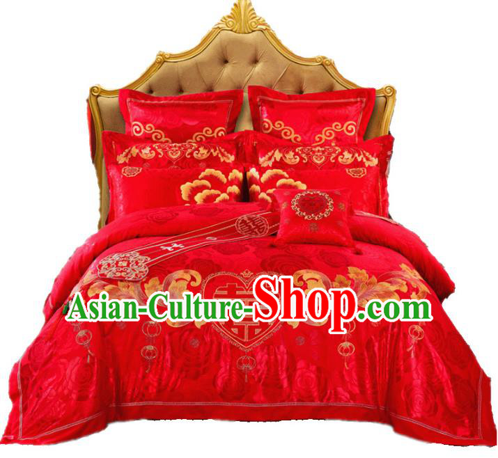 Traditional Chinese Wedding Red Embroidered Ten-piece Bedclothes Duvet Cover Textile Qulit Cover Bedding Sheet Complete Set