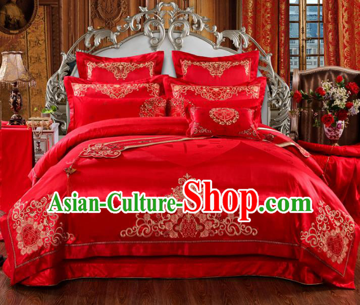 Traditional Chinese Wedding Red Satin Embroidered Flowers Ten-piece Bedclothes Duvet Cover Textile Qulit Cover Bedding Sheet Complete Set