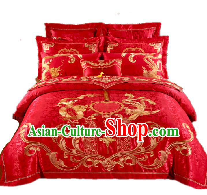 Traditional Chinese Wedding Red Satin Embroidered Dragon Phoenix Ten-piece Bedclothes Duvet Cover Textile Qulit Cover Bedding Sheet Complete Set