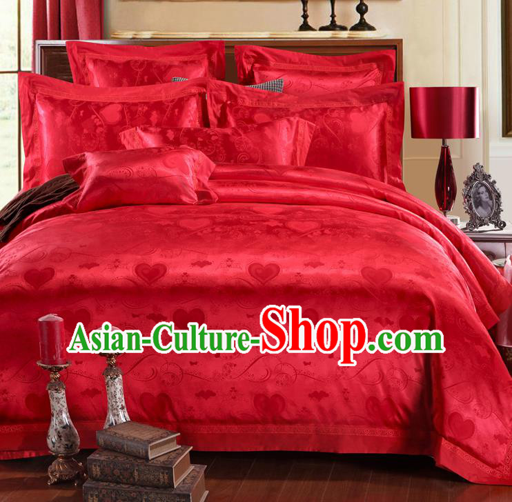 Traditional Chinese Wedding Red Satin Embroidered Four-piece Bedclothes Duvet Cover Textile Qulit Cover Bedding Sheet Complete Set