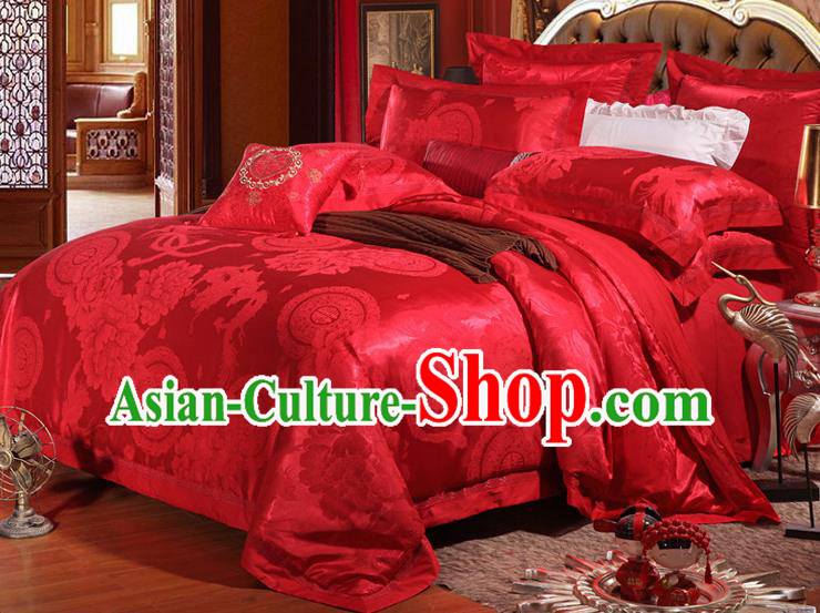 Traditional Chinese Wedding Red Satin Embroidered Phoenix Four-piece Bedclothes Duvet Cover Textile Qulit Cover Bedding Sheet Complete Set