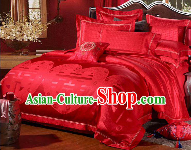 Traditional Chinese Wedding Red Satin Embroidered Four-piece Bedclothes Duvet Cover Textile Qulit Cover Bedding Sheet Complete Set