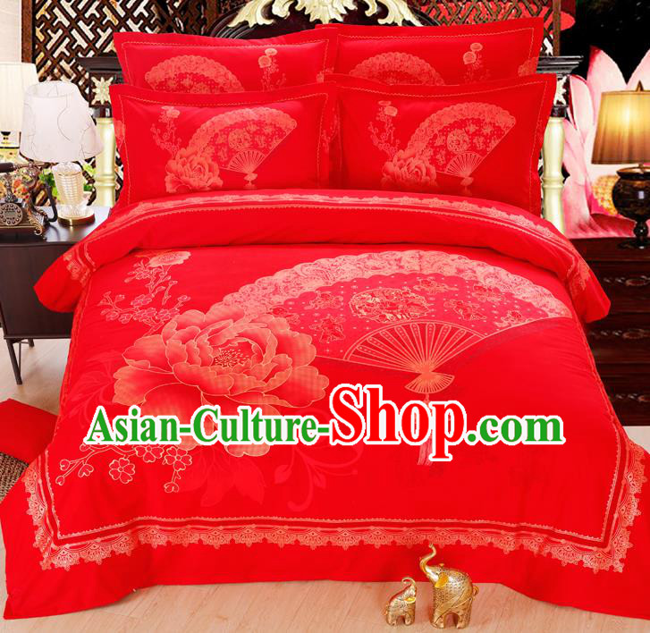 Traditional Chinese Wedding Red Printing Peony Four-piece Bedclothes Duvet Cover Textile Qulit Cover Bedding Sheet Complete Set