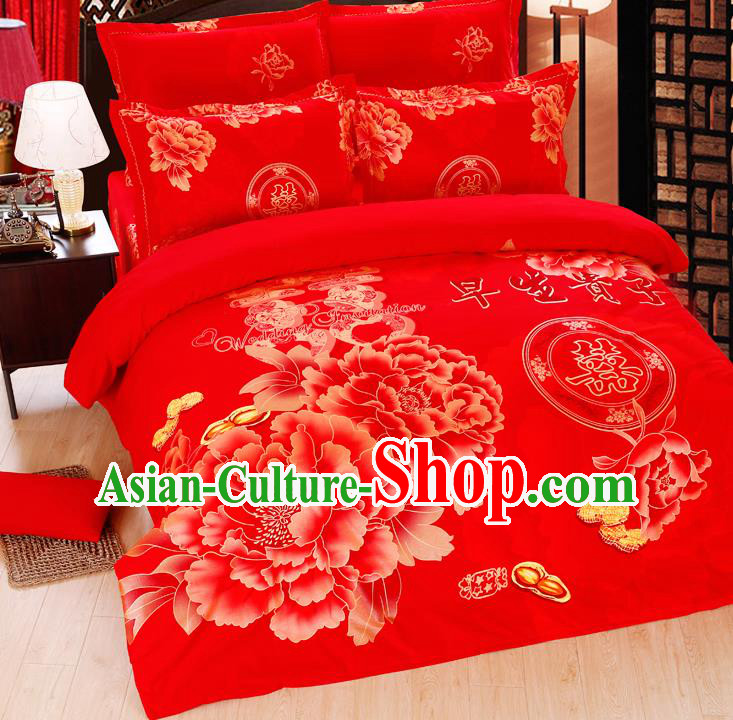 Traditional Chinese Wedding Red Printing Peony Four-piece Bedclothes Duvet Cover Textile Qulit Cover Bedding Sheet Complete Set