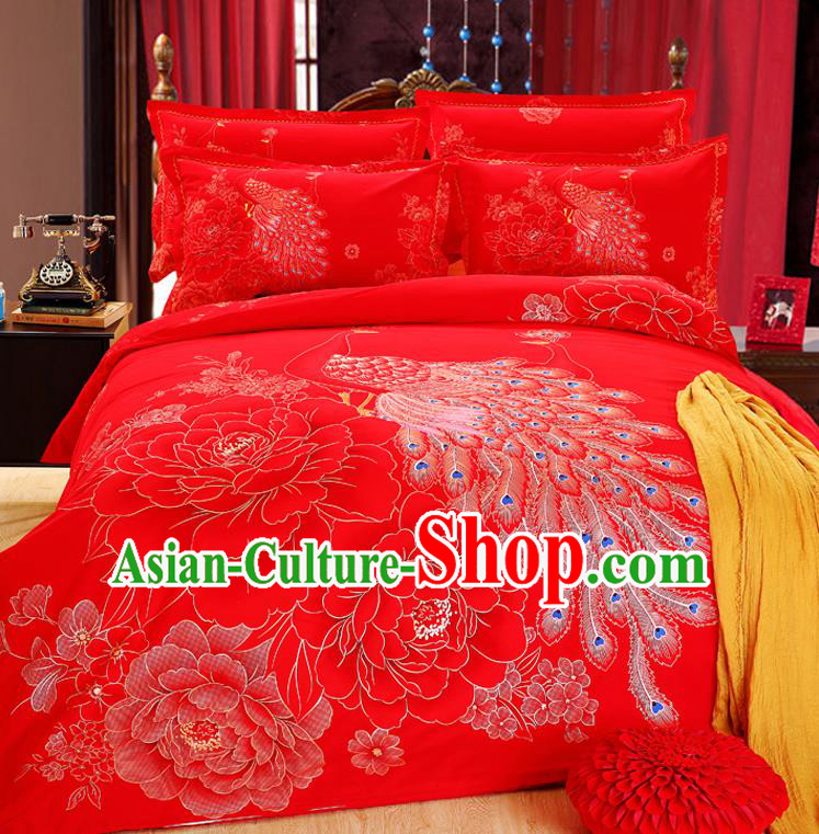 Traditional Chinese Wedding Red Printing Peacock Four-piece Bedclothes Duvet Cover Textile Qulit Cover Bedding Sheet Complete Set