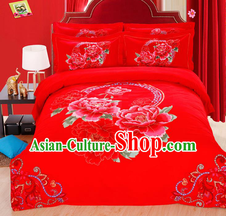 Traditional Chinese Wedding Red Printing Peony Four-piece Bedclothes Duvet Cover Textile Qulit Cover Bedding Sheet Complete Set