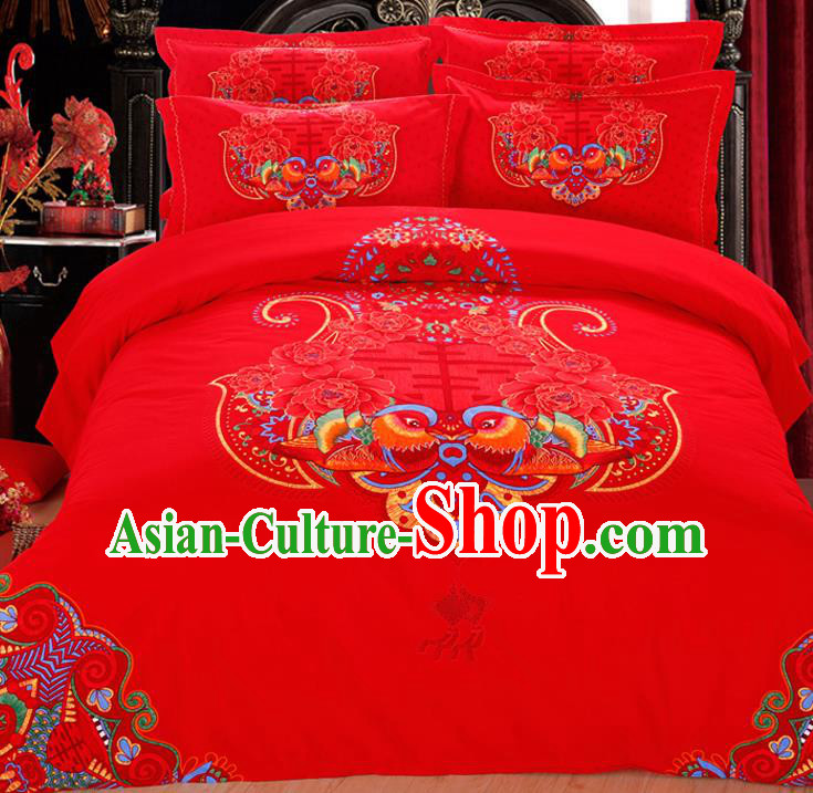 Traditional Chinese Wedding Red Printing Mandarin Duck Four-piece Bedclothes Duvet Cover Textile Qulit Cover Bedding Sheet Complete Set